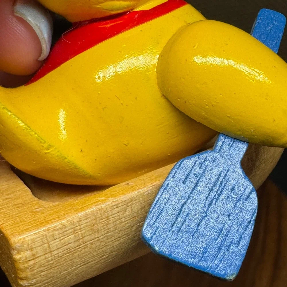 Vintage Wooden Duck Sailor Ornament Rowing Boat Nautical Hand Painted Yellow Oar